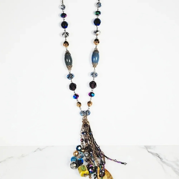 Glass Bead Tassel Necklace Long Vibrant Oil Slick Purple Blue Green Cera… - Picture 3 of 10